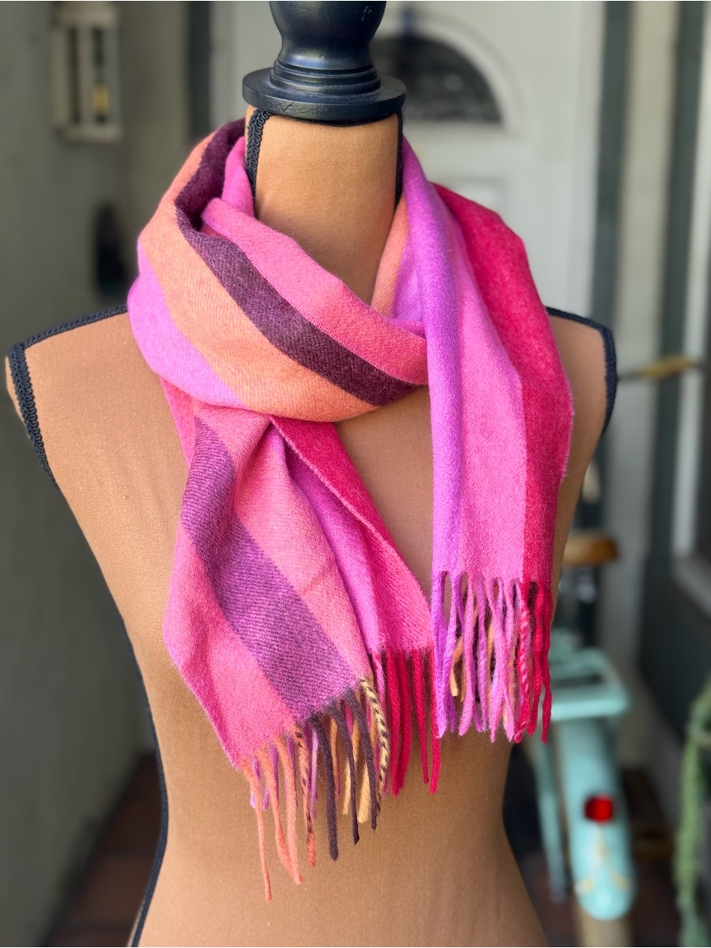 Designer 100% Cashmere Scarf Striped Multi Shades Of Pink Yellow Purple